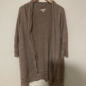 croft & barrow Taupe Open-Front Crochet-Trim Cardigan